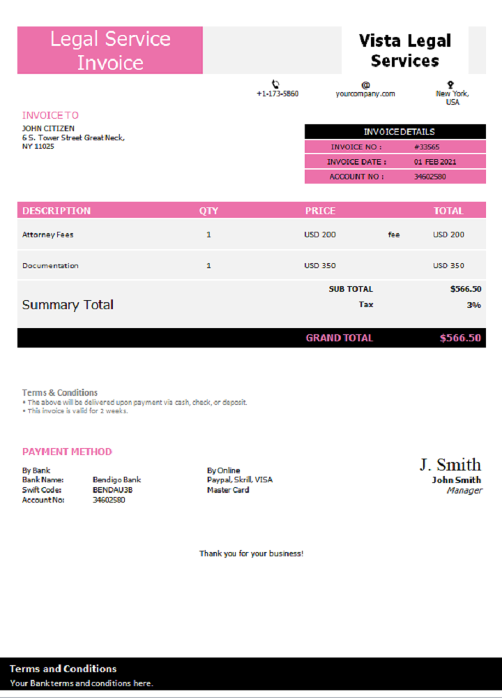 USA Vista Legal Services invoice PSD template